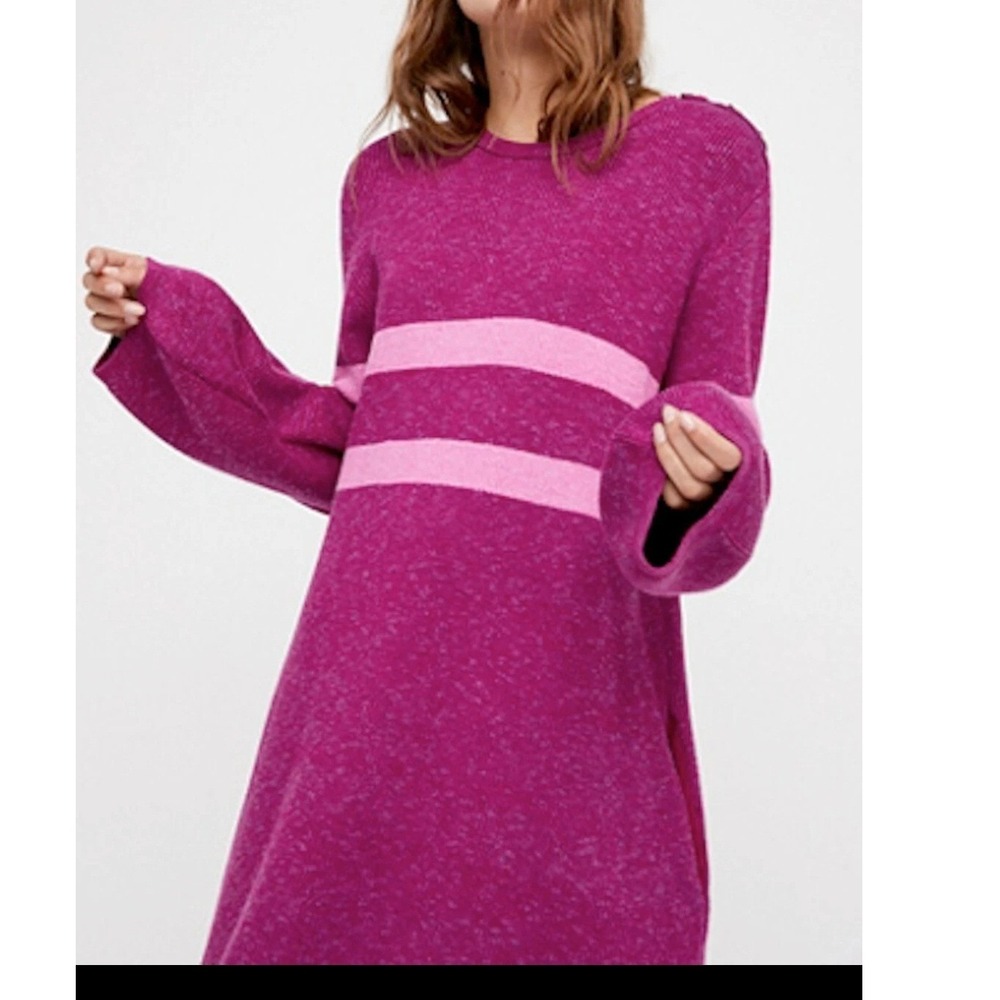 Free People Sweater Dress Womens XS Purple Pink Striped Bell Sleeve